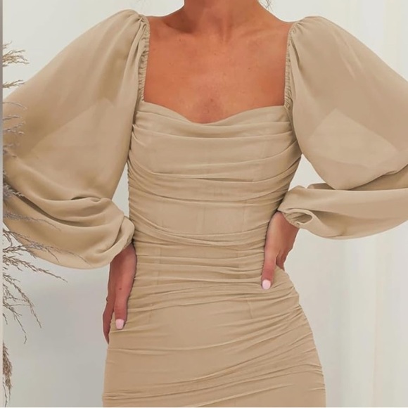 NWT MEROKETTY Long Puff Sleeve Ruched Bodycon Square Neck Mesh Midi Sz S Women - Picture 5 of 10